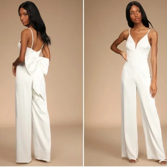 LULU's Wedding Bridal Shower Bachelorette Chic Satin Jumpsuit Pantsuit - Picture 4 of 4